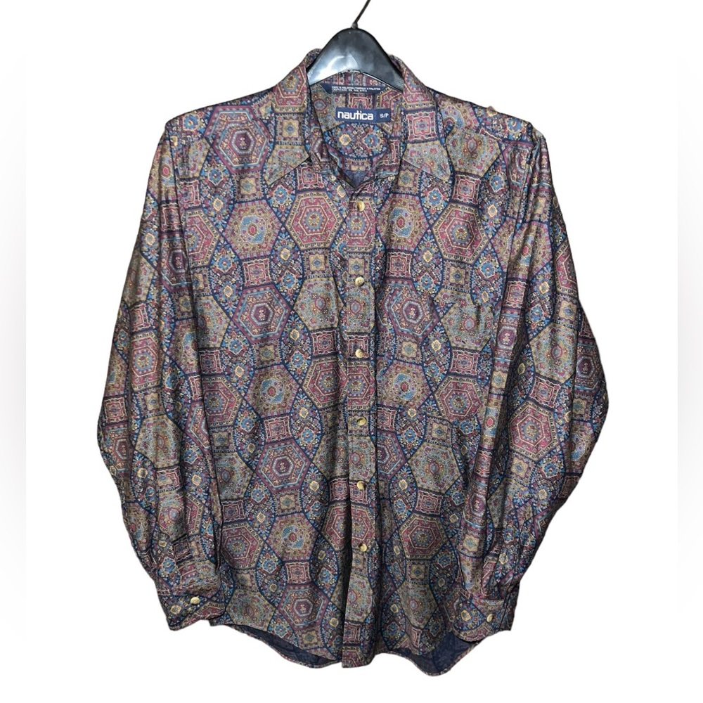 Vintage Nautica Men's Multicolor Geometric Cotton Button Down Shirt Small